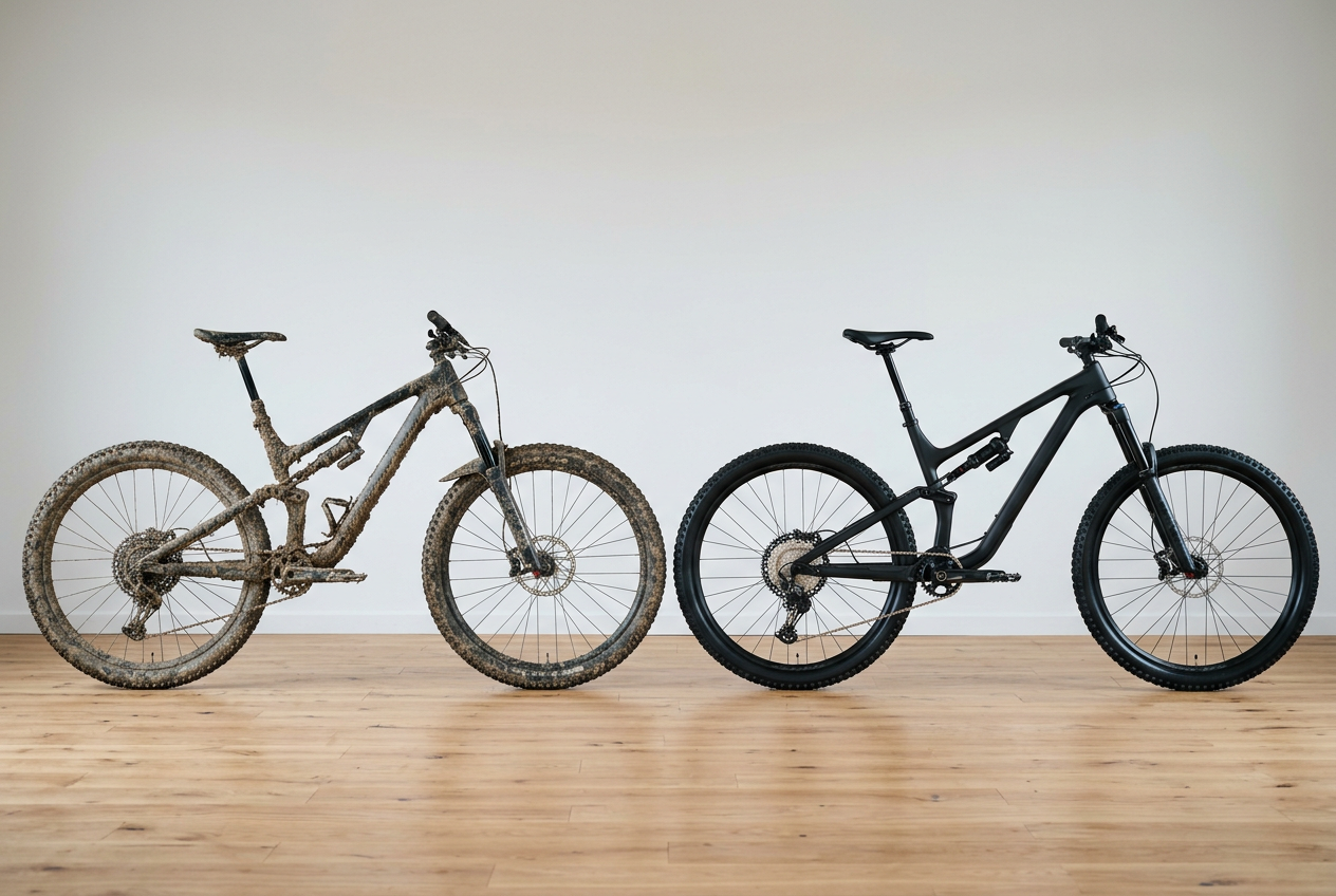 Sample before-and-after: a mud-caked mountain bike next to the same kind of bike, spotless