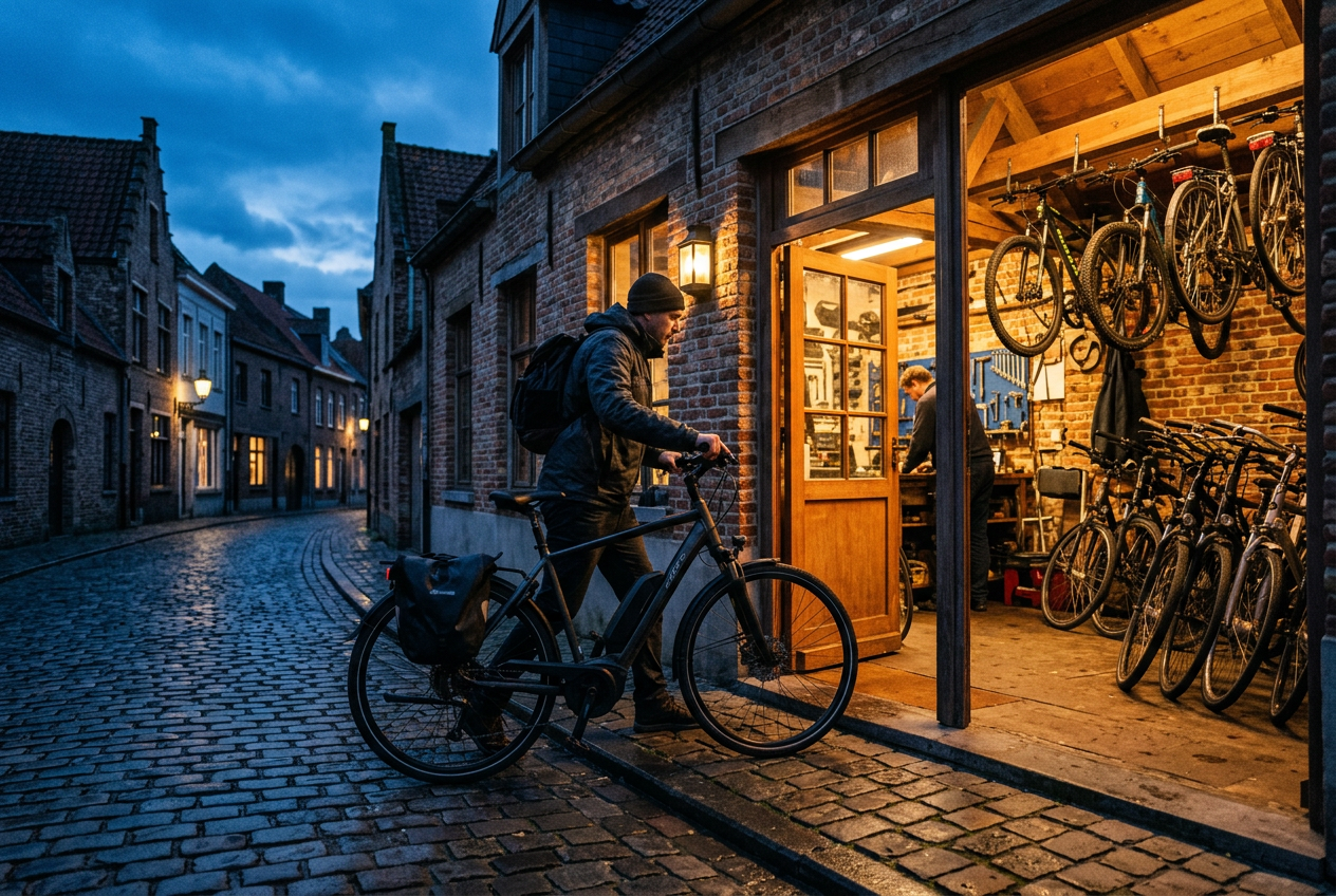 A rider wheeling an e-bike into a brick workshop at dusk on a cobbled street