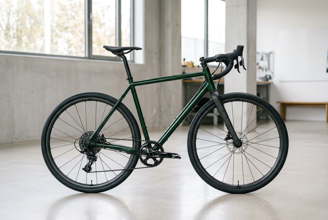 A spotless dark green gravel bike standing on a polished concrete floor