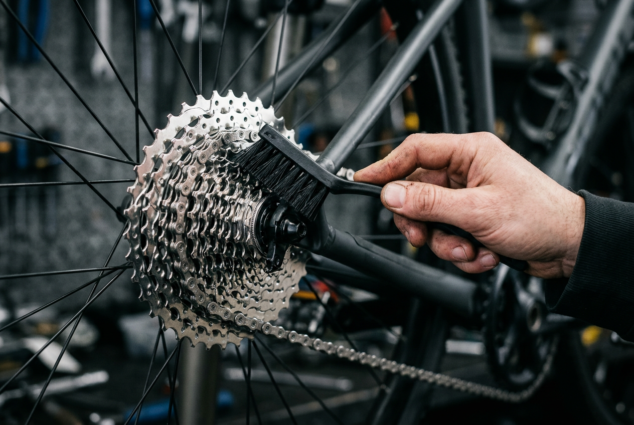 A brush cleaning a bicycle cassette and chain