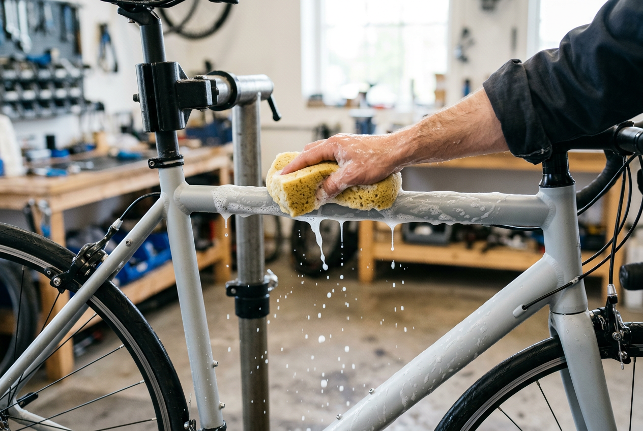 A hand washing the top tube of a grey road bike with a sponge and foam