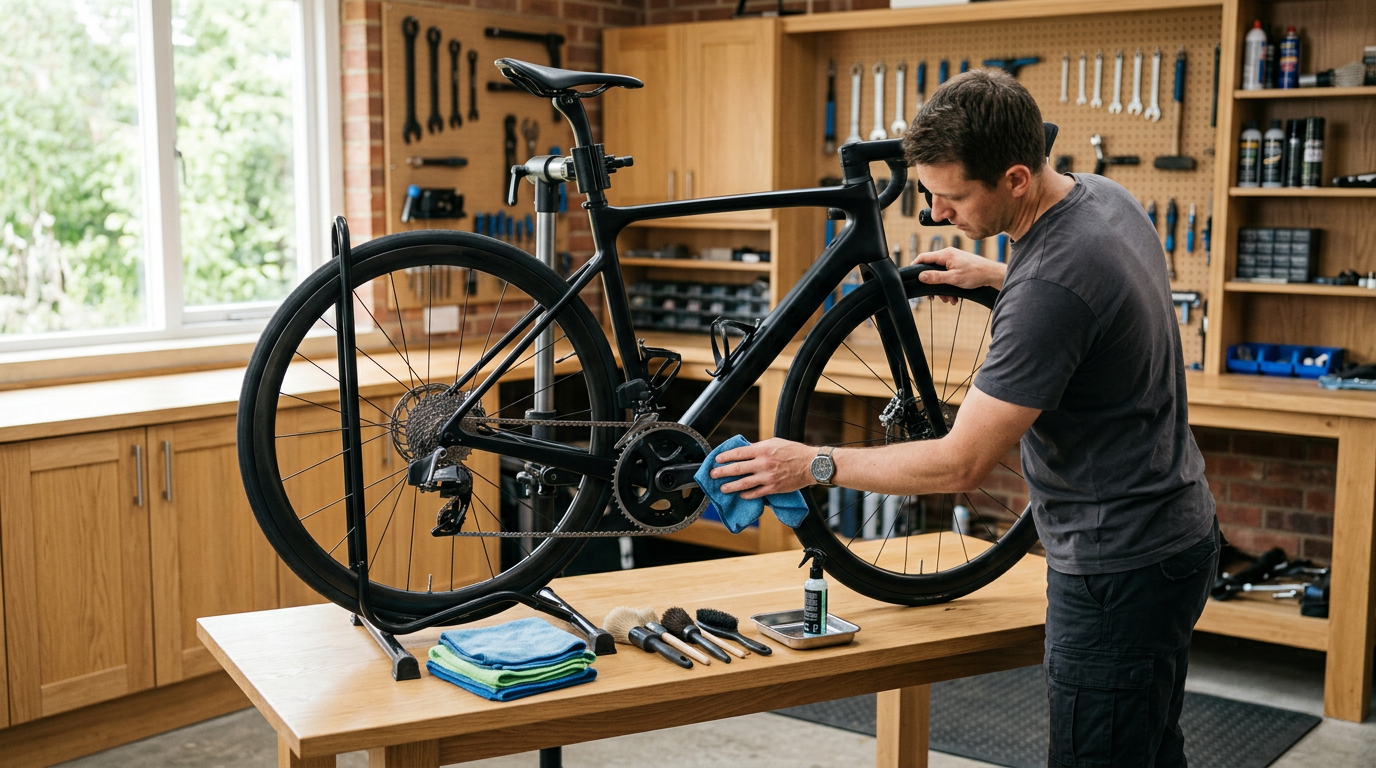A cleaner polishing a black road bike on a workshop stand, with brushes and cloths laid out on the bench
